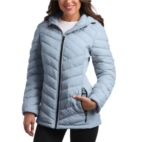 Reebok Womens Puffer Jacket - Midweight Quilted Snow Glacier Shield Full Zip Winter Coat for Women with Hood & Zip Pockets 