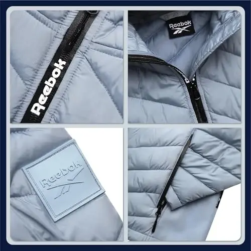 Reebok Womens Puffer Jacket - Midweight Quilted Snow Glacier Shield Full Zip Winter Coat for Women with Hood & Zip Pockets - 3
