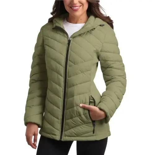 Reebok Womens Puffer Jacket - Midweight Quilted Snow Glacier Shield Full Zip Winter Coat for Women with Hood & Zip Pockets - REEBOK