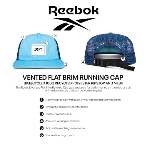 Reebok Yugurish Shapkasi | Samaradorlik | Atletik | Yengil | Tez Quriydigan | Quyoshdan Himoya | Nur Qaytaruvchi | Qayta Ishlangan Materiallar - 7