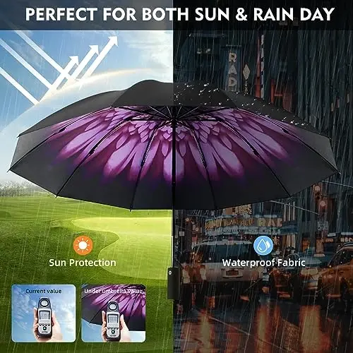 Trenovo Windproof Trave Inverted Umbrella With Reflective Stripe, Reverse Compact Umbrellas for Rain, Portable Large Folding Sun UV Automatic Upside Down Umbrella for Car Backpack - 3