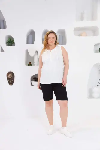 Рёфленая блузка без рукавов, оверсайз, экрю - BÜYÜKBEDENIZ (1)