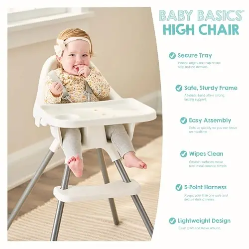 Regalo Baby Basics® Bebek ve Çocuk Mama Sandalyesi, Çıkarılabilir Büyük Tepsi ve Bardaklıklı Bebek Mama Sandalyesi, 5 Noktalı Emniyet Kemeri, Temizlemesi Kolay Çocuk Mama Sandalyesi, Beyaz - 4