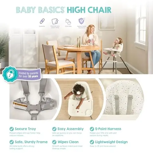 Regalo Baby Basics® Bebek ve Çocuk Mama Sandalyesi, Çıkarılabilir Büyük Tepsi ve Bardaklıklı Bebek Mama Sandalyesi, 5 Noktalı Emniyet Kemeri, Temizlemesi Kolay Çocuk Mama Sandalyesi, Beyaz - 3