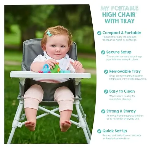 Regalo My High Chair Portable Travel Fold & Go Highchair, Indoor and Outdoor, Bonus Kit, Includes Tray with Cup Holder, Grey - 3