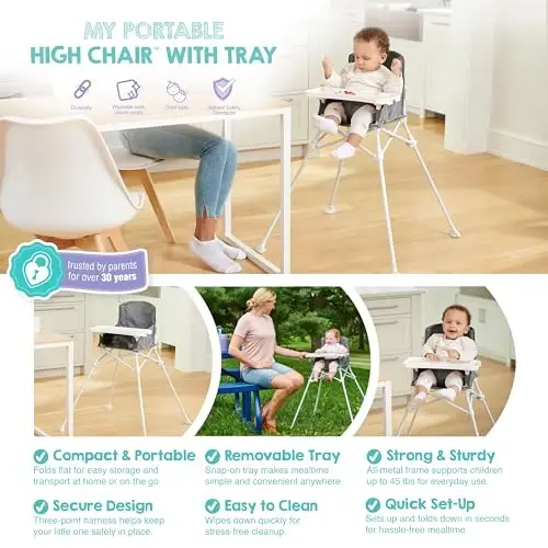 Regalo My High Chair Portable Travel Fold & Go Highchair, Indoor and Outdoor, Bonus Kit, Includes Tray with Cup Holder, Grey - REGALO (1)