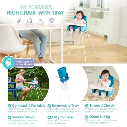 Regalo My Portable High Chair, Foldable High Chair for Babies & Toddlers, Indoor/Outdoor Baby Chair, Travel High Chair with Tray & Cup Holder, Aqua - 3