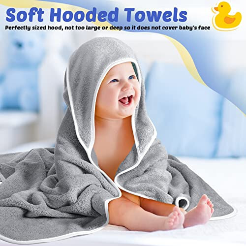 Reginary 4 Pack Baby Hooded Towels Coral Fleece Baby Bath Towels 30 x 30 Inch Soft Absorbent Hooded Bath Blanket for Newborn Toddler Infant Boy Girl Shower Gift Supplies (Gray) - 4