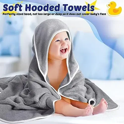 Reginary 4 Pack Baby Hooded Towels Coral Fleece Baby Bath Towels 30 x 30 Inch Soft Absorbent Hooded Bath Blanket for Newborn Toddler Infant Boy Girl Shower Gift Supplies (Gray, Blue) - 4