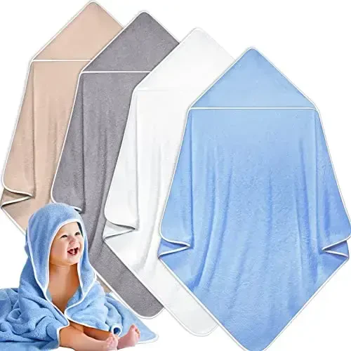 Reginary 4 Pack Baby Hooded Towels Coral Fleece Baby Bath Towels 30 x 30 Inch Soft Absorbent Hooded Bath Blanket for Newborn Toddler Infant Boy Girl Shower Gift Supplies (White, Gray, Brown, Blue) - 1