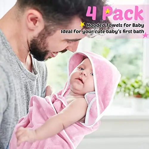Reginary 4 Pack Baby Hooded Towels Coral Fleece Baby Bath Towels 30 x 30 Inch Soft Absorbent Hooded Bath Blanket for Newborn Toddler Infant Boy Girl Shower Gift Supplies (White, Pink) - 6