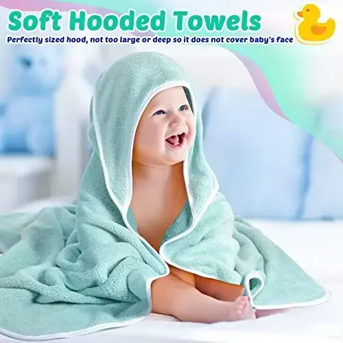 Reginary 4 Pack Baby Hooded Towels Coral Fleece Baby Bath Towels 30 x 30 Inch Soft Absorbent Hooded Bath Blanket for Newborn Toddler Infant Boy Girl Shower Gift Supplies (White, Pink, Green, Blue) - 4