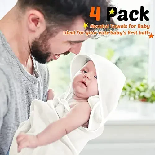 Reginary 4 Pack Chaqaloq Hooded Sochiqlari Marjon Jun Chaqaloq Hammom Sochiqlari 30 x 30 dyuymli Yumshoq Singdiruvchi Kaputli Hammom Ko'rpasi Yangi tug'ilgan chaqaloqlar uchun yomg'ir sovg'alari (Oq) - 6