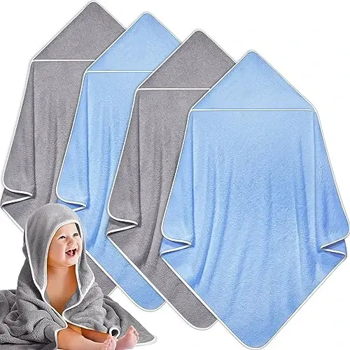Reginary 4 Pack Hooded Baby Bath Towels Coral Fleece, Gray Blue, Solid | 30x30 Inch Soft Absorbent Baby Towels for Newborn Toddler Infant Boy Girl, Bath Wrap Blanket , Quick Dry Warm - 1