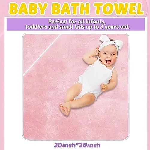 Reginary 4 Pack Baby Hooded Towels Coral Fleece Baby Bath Towels 30 x 30 Inch Soft Absorbent Hooded Bath Blanket for Newborn Toddler Infant Boy Girl Shower Gift Supplies (Pink, Purple, Yellow, Beige) - REGINARY (1)