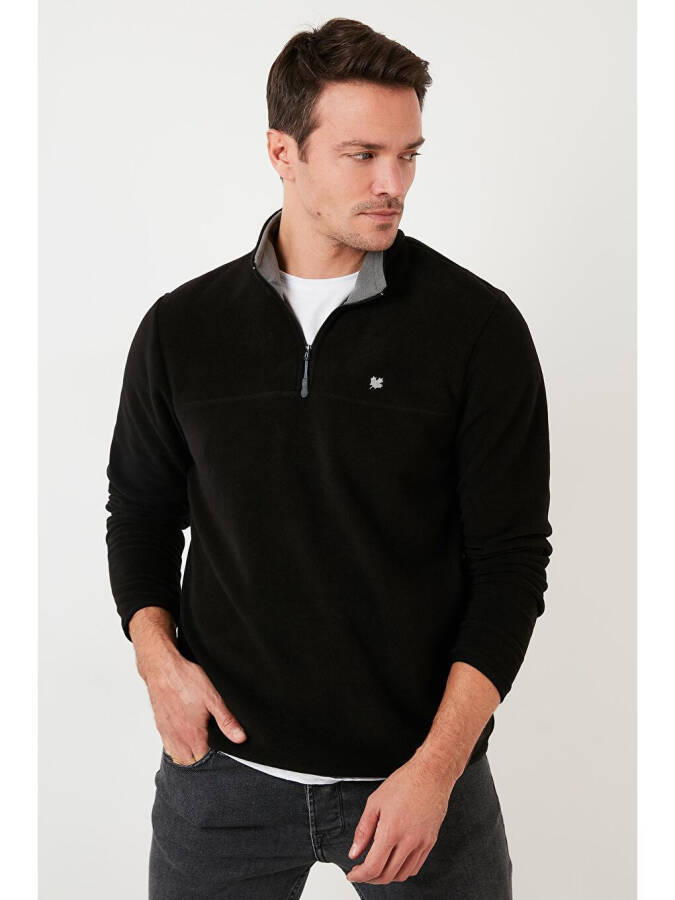 Siyah Slim Fit Anti-Pilling Bato Yaka Kışlık Şardonlu Erkek Polar Sweatshirt 5906001-Siyah - 1