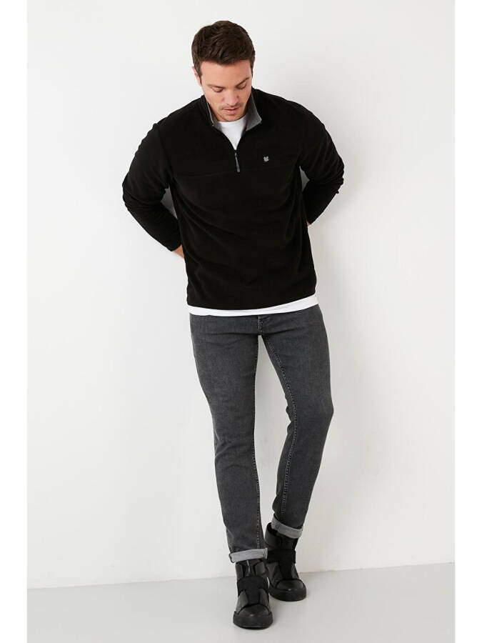 Siyah Slim Fit Anti-Pilling Bato Yaka Kışlık Şardonlu Erkek Polar Sweatshirt 5906001-Siyah - 4