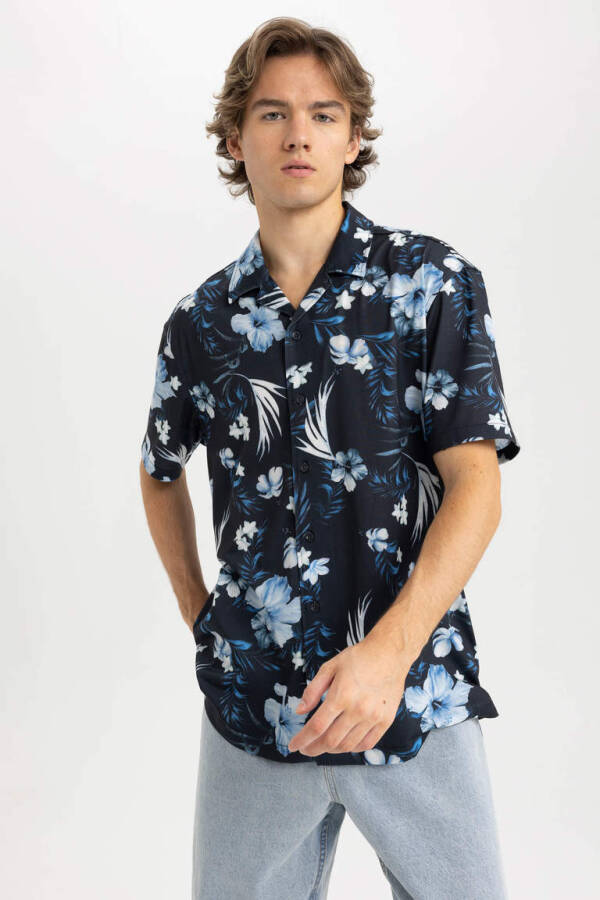 Regular Fit Apache Collar Printed Cotton Short Sleeve Shirt Navy - 1