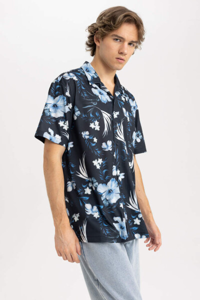 Regular Fit Apache Collar Printed Cotton Short Sleeve Shirt Navy - 3