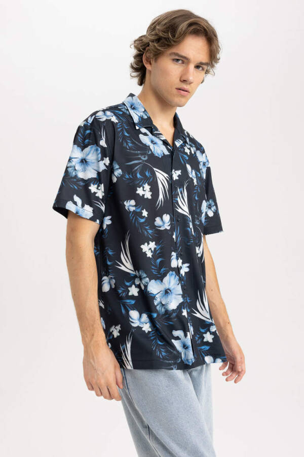 Regular Fit Apache Collar Printed Cotton Short Sleeve Shirt Navy - 3