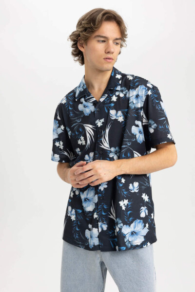 Regular Fit Apache Collar Printed Cotton Short Sleeve Shirt Navy - 4