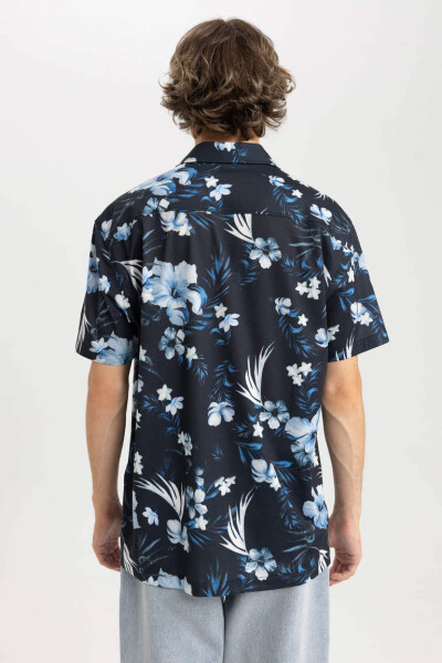 Regular Fit Apache Collar Printed Cotton Short Sleeve Shirt Navy - 6