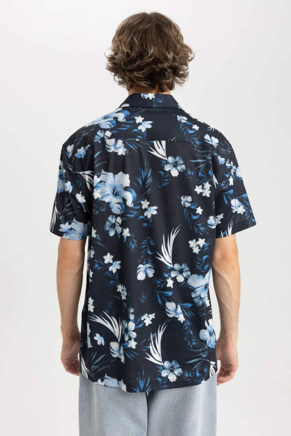 Regular Fit Apache Collar Printed Cotton Short Sleeve Shirt Navy - 6