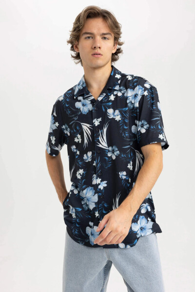 Regular Fit Apache Collar Printed Cotton Short Sleeve Shirt Navy - 7