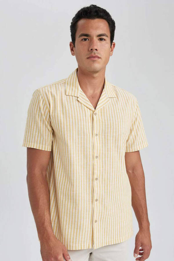 Regular Fit Apache Collar Striped Cotton Short Sleeve Shirt Yellow - 6