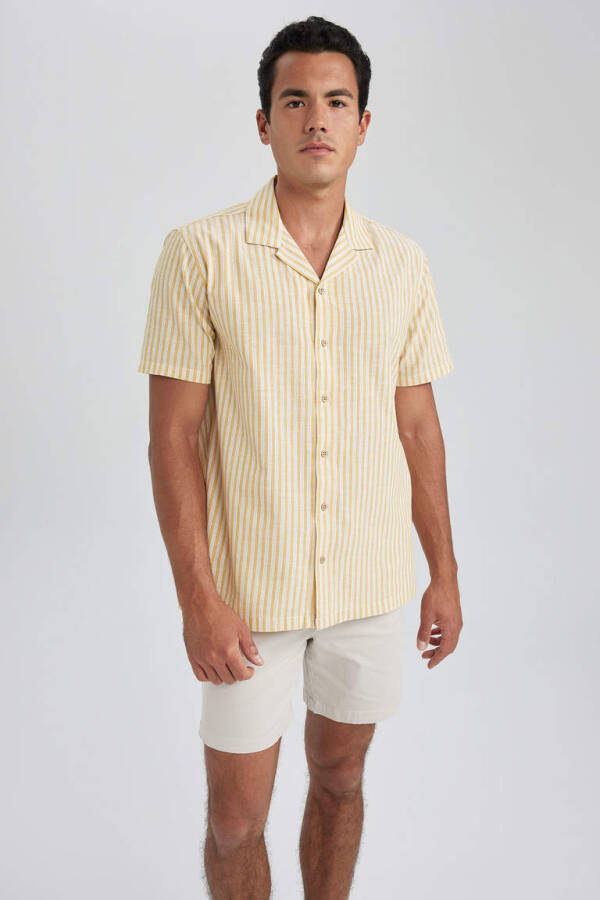 Regular Fit Apache Collar Striped Cotton Short Sleeve Shirt Yellow - 1