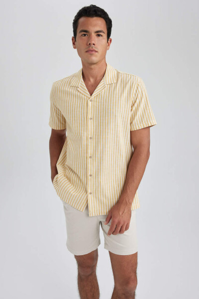 Regular Fit Apache Collar Striped Cotton Short Sleeve Shirt Yellow - 3