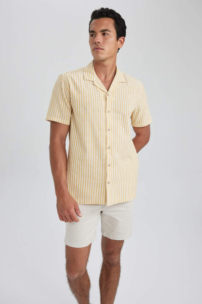 Regular Fit Apache Collar Striped Cotton Short Sleeve Shirt Yellow - 4