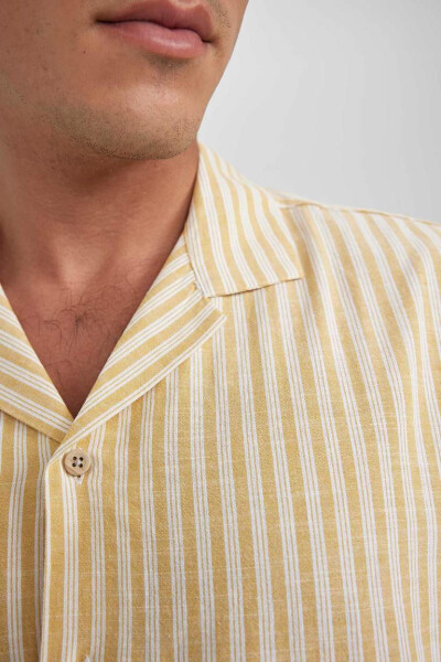 Regular Fit Apache Collar Striped Cotton Short Sleeve Shirt Yellow - 5