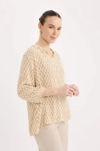 Regular Fit Apaş Yaka Simli Kumaş Uzun Kollu Bluz-Açık Camel - 7