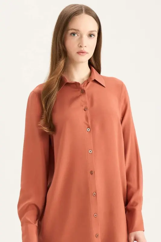 Regular Fit Basic Düz Uzun Kollu Tesettür Gömlek Tunik-Koyu Turuncu - 1
