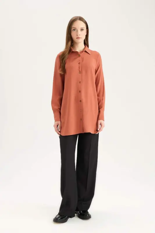 Regular Fit Basic Düz Uzun Kollu Tesettür Gömlek Tunik-Koyu Turuncu - 2