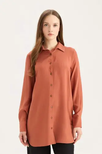 Regular Fit Basic Düz Uzun Kollu Tesettür Gömlek Tunik-Koyu Turuncu - 3