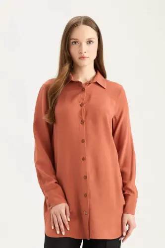 Regular Fit Basic Düz Uzun Kollu Tesettür Gömlek Tunik-Koyu Turuncu - 4