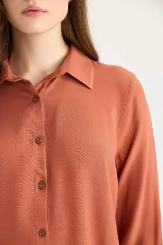 Regular Fit Basic Düz Uzun Kollu Tesettür Gömlek Tunik-Koyu Turuncu - 5