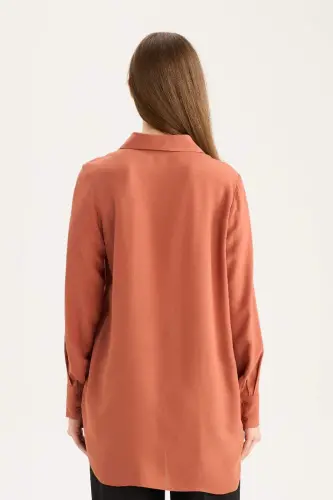 Regular Fit Basic Düz Uzun Kollu Tesettür Gömlek Tunik-Koyu Turuncu - 6