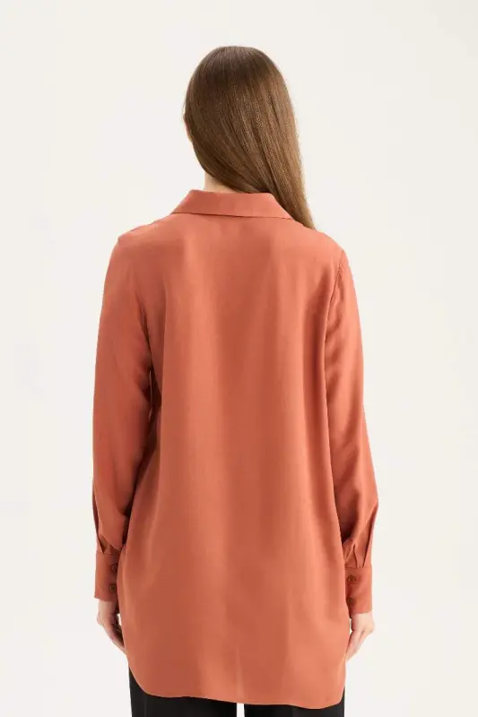 Regular Fit Basic Düz Uzun Kollu Tesettür Gömlek Tunik-Koyu Turuncu - 6