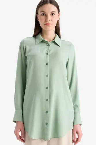 Regular Fit Basic Düz Uzun Kollu Tesettür Gömlek Tunik-Mint - 1