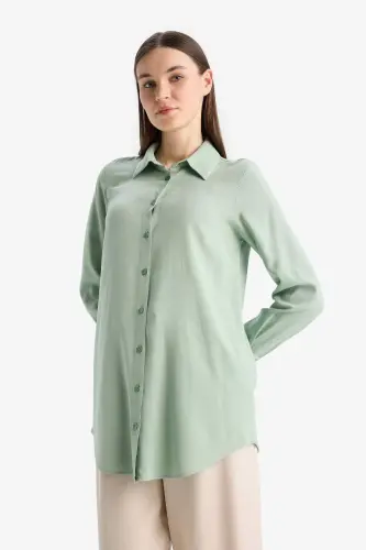 Regular Fit Basic Düz Uzun Kollu Tesettür Gömlek Tunik-Mint - 4