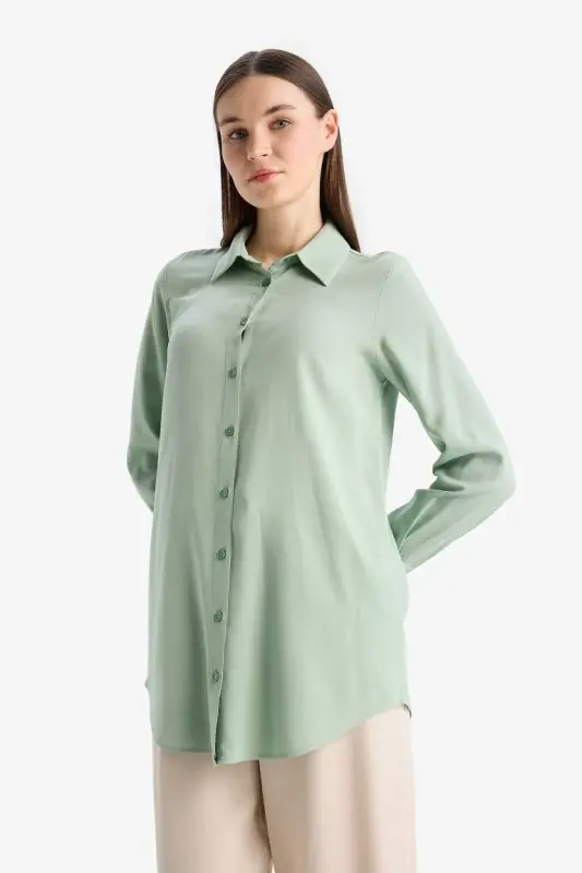 Regular Fit Basic Düz Uzun Kollu Tesettür Gömlek Tunik-Mint - 4