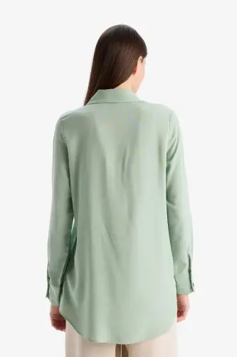 Regular Fit Basic Düz Uzun Kollu Tesettür Gömlek Tunik-Mint - 6