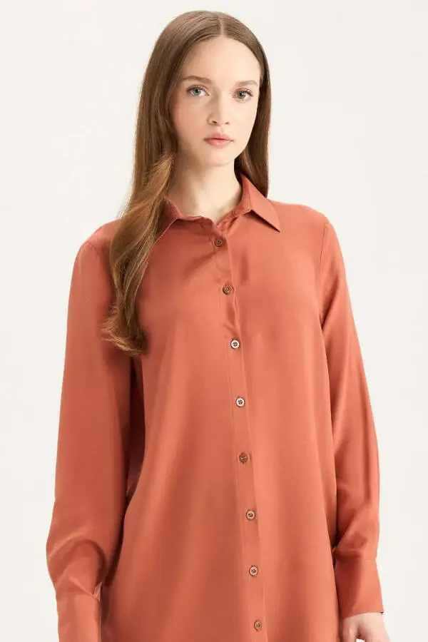 Regular Fit Basic Long Sleeve Shirt Tunic Dark Orange - 1