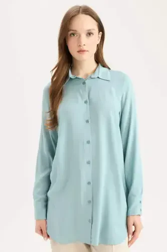 Regular Fit Basic Plain Long Sleeve Modest Shirt Tunic-Matte Green - 1