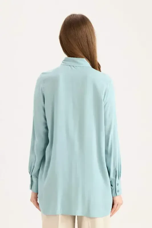 Regular Fit Basic Plain Long Sleeve Modest Shirt Tunic-Matte Green - 6
