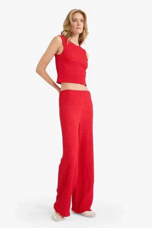 Regular Fit Beli Lastikli Basic Düz Bürümcük Pantolon-Kırmızı - 2