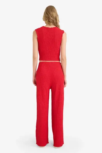 Regular Fit Beli Lastikli Basic Düz Bürümcük Pantolon-Kırmızı - 5